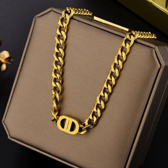18K Gold Plated Titanium Steel Chunky Curb Link CD Style Chain Necklace - Picture 1 of 2